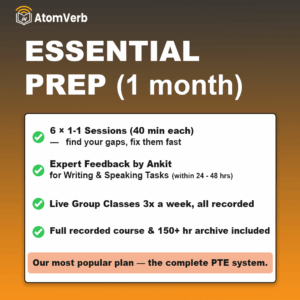 Essential Prep PTE coaching package by AtomVerb Classes — 6 one-on-one sessions with Ankit, expert Telegram feedback, and live group classes