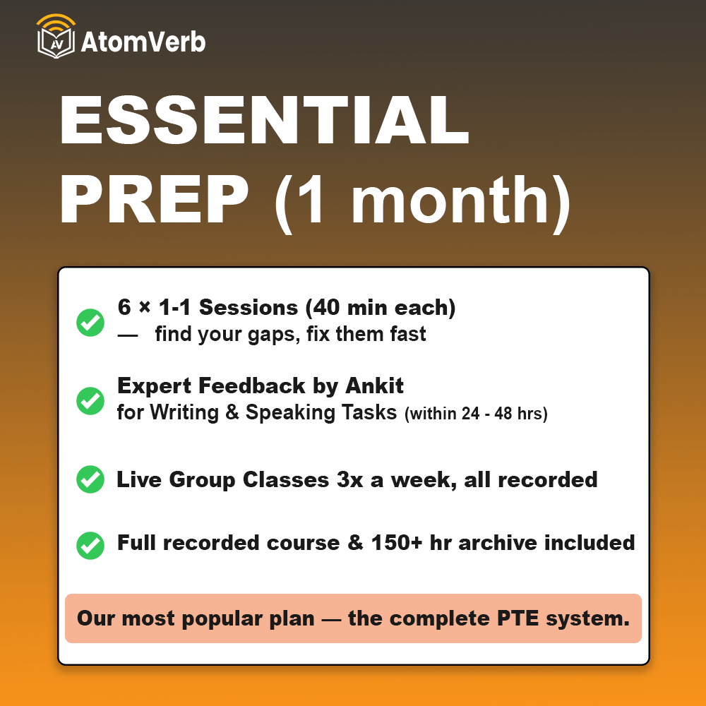 Essential Prep PTE coaching package by AtomVerb Classes — 6 one-on-one sessions with Ankit, expert Telegram feedback, and live group classes