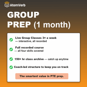 Group-Prep PTE coaching package by AtomVerb Classes — live group classes three times a week plus full recorded course and class archive