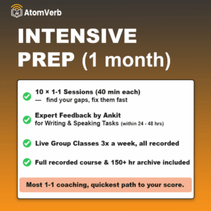 Intensive Prep PTE coaching package by AtomVerb Classes — 10 one-on-one sessions with Ankit, expert Telegram feedback, and live group classes
